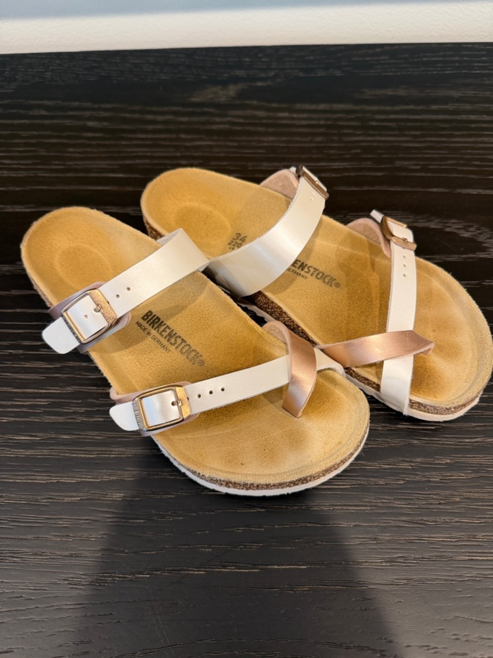 Birkenstock Kids White and Rose Gold Two-Strap Thong Sandals